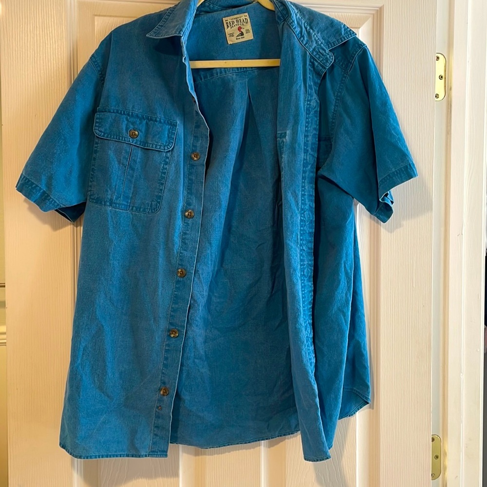 Mens blue Red Head button up short sleeve shirt size M